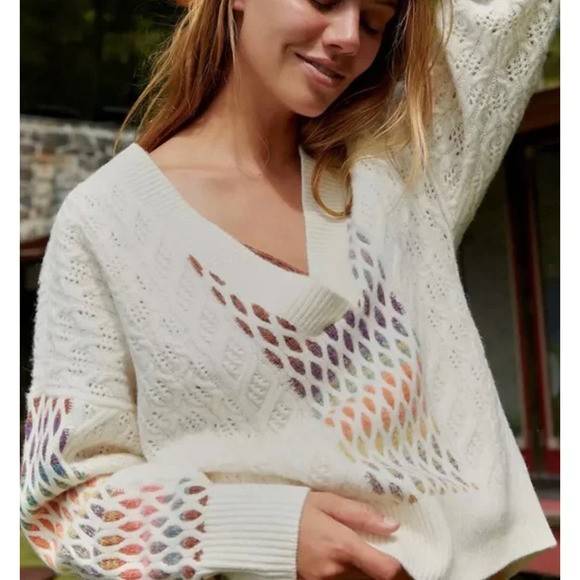 Anthropologie Maeve V-Neck Cable-Knit Lamb's Wool Sweater Women’s Size XL Ivory - Picture 2 of 12